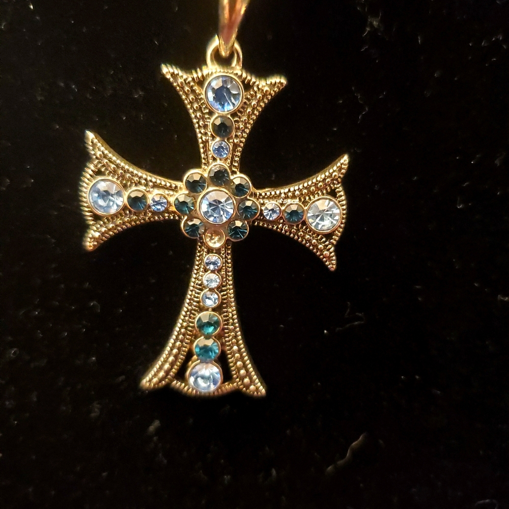 Gothic style cross silver tone blue gray stone